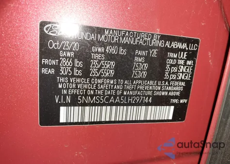 2020 Hyundai Santa Fe Limited 2.0T from USA, damaged, VIN 5NMS5CAA5LH297144